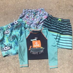 Boys 5T- 3 bathing suits & rash guard